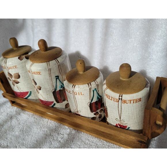 Set 4 Vintage ROYAL SEALY Jamaican Condiment Jar Wood Shelf BBQ Japan MCM - Picture 2 of 9